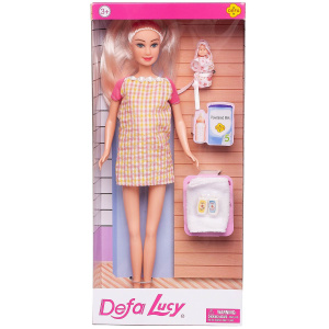 Игровой набор Кукла Defa Lucy Молодая мама в платье в клетку с розовыми рукавами, малыш и игровые предметы, 29 см