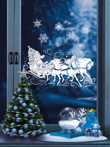 Наклейки новогодние Сфера на окна Тройка с Дедом Морозом, формат А3