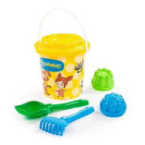 Набор для песочницы ПОЛЕСЬЕ Простоквашино №6 ведро с наклейкой, ситечко Солнышко, лопатка №5, грабельки №5, 2 формочки