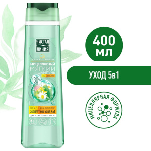 Чистая Линия Шампунь Сила 5 трав и витамины мягкий мицеллярный 5в1 для всех типов волос 400мл