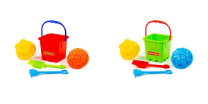 Набор №61 (Ведро-крепость малое,2 формочки,лопатка малая №3,грабельки малые №3) 9х9х14 см.