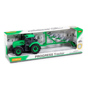 Трактор Прогресс с плугом инерционный зелёный в коробке