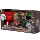 Игровой набор Junfa Динозавры (большой зеленый динозавр, 2 динозавра, клетка, яйцо, оружие, пальма) свет, звук