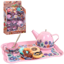 Игровой набор Junfa Посуда металлическая в наборе с чайником, чашками, блюдцами, подносом, продуктами, розовый