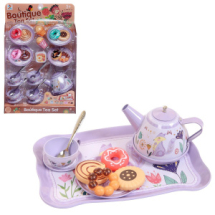 Игровой набор Junfa Посуда металлическая в наборе с чайником, чашками, блюдцами, подносом, продуктами, голубой