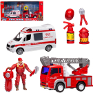 Игровой набор Junfa Служба спасения (пожарная машина, скорая помощь, фигурка пожарного, аксессуары), со световыми и звуковыми эффектами, в коробке